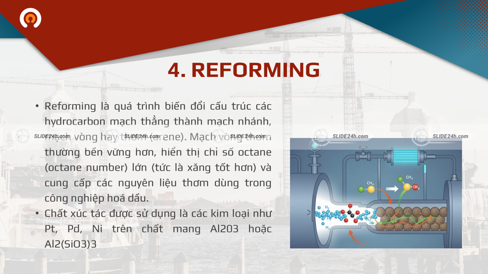 Quá trình reforming dầu mỏ, nhấn mạnh việc biến đổi cấu trúc hydrocarbon để nâng cao chỉ số octane.