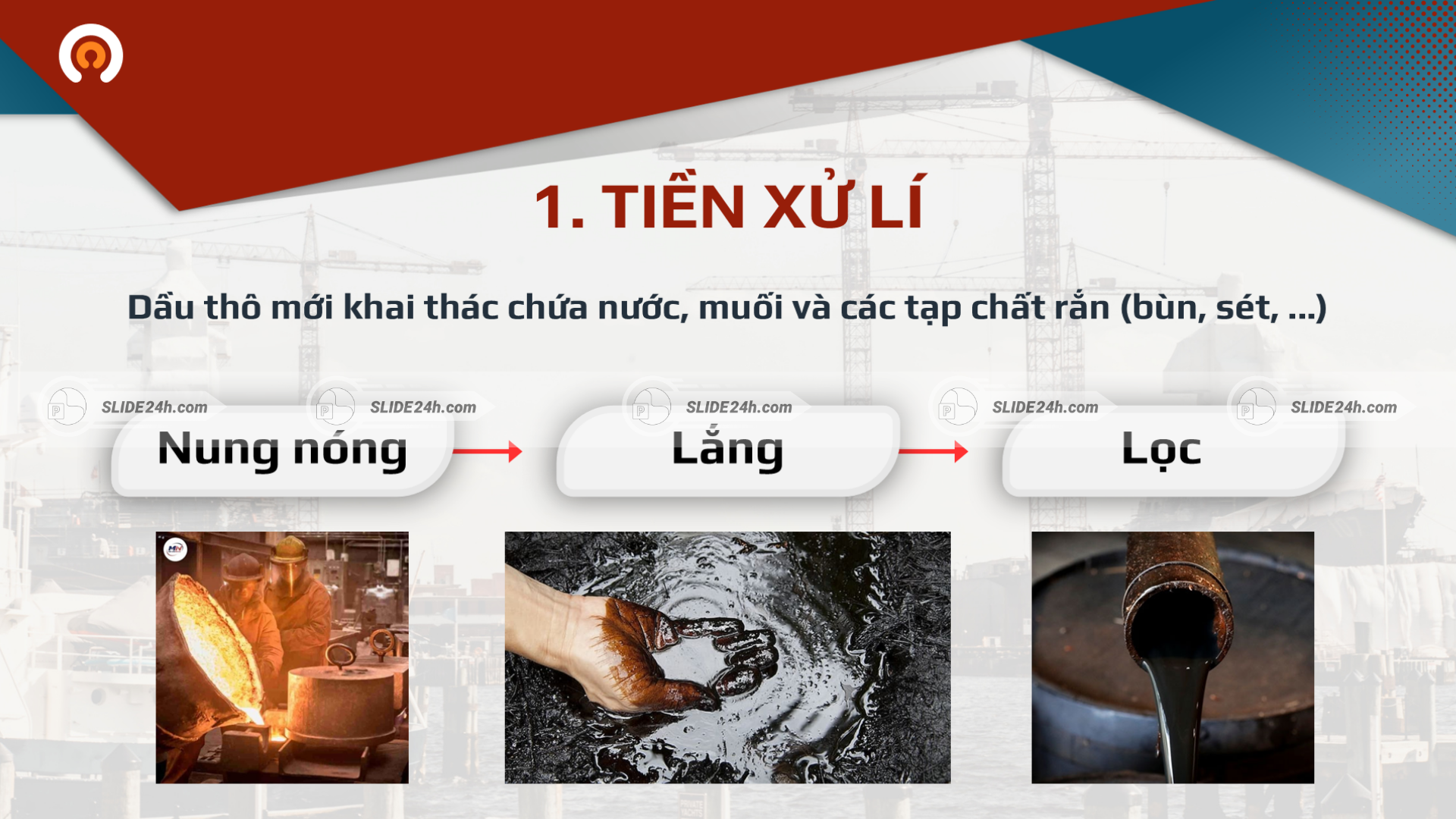 Giai đoạn tiền xử lí dầu thô, nhấn mạnh việc loại bỏ nước, muối và tạp chất trước khi đưa vào chế biến.