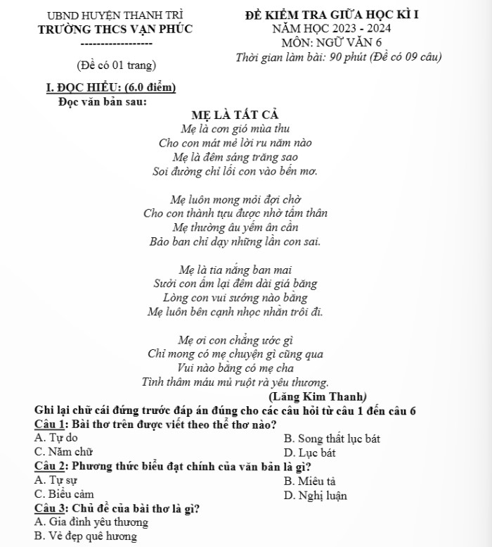 de thi van giua ki 1 lop 6 1