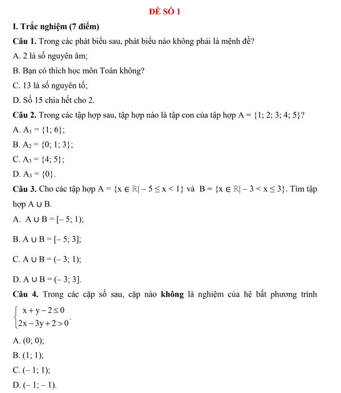 Đề thi học kì 1 lớp 10 môn toán 1