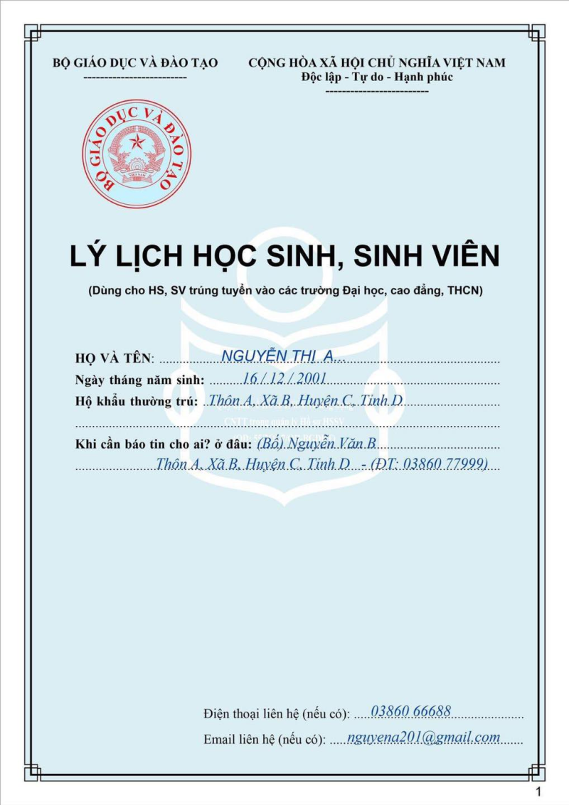 Lý lịch học sinh, sinh viên 2021