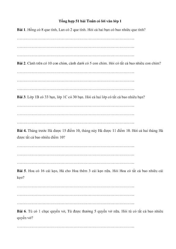 Một số dạng bài toán có lời văn lớp 1