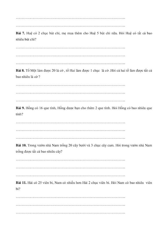 Toán có lời văn lớp 1 nâng cao