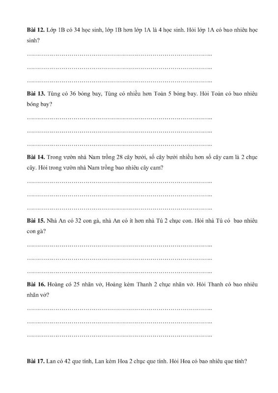 Toán có lời văn lớp 1 nâng cao