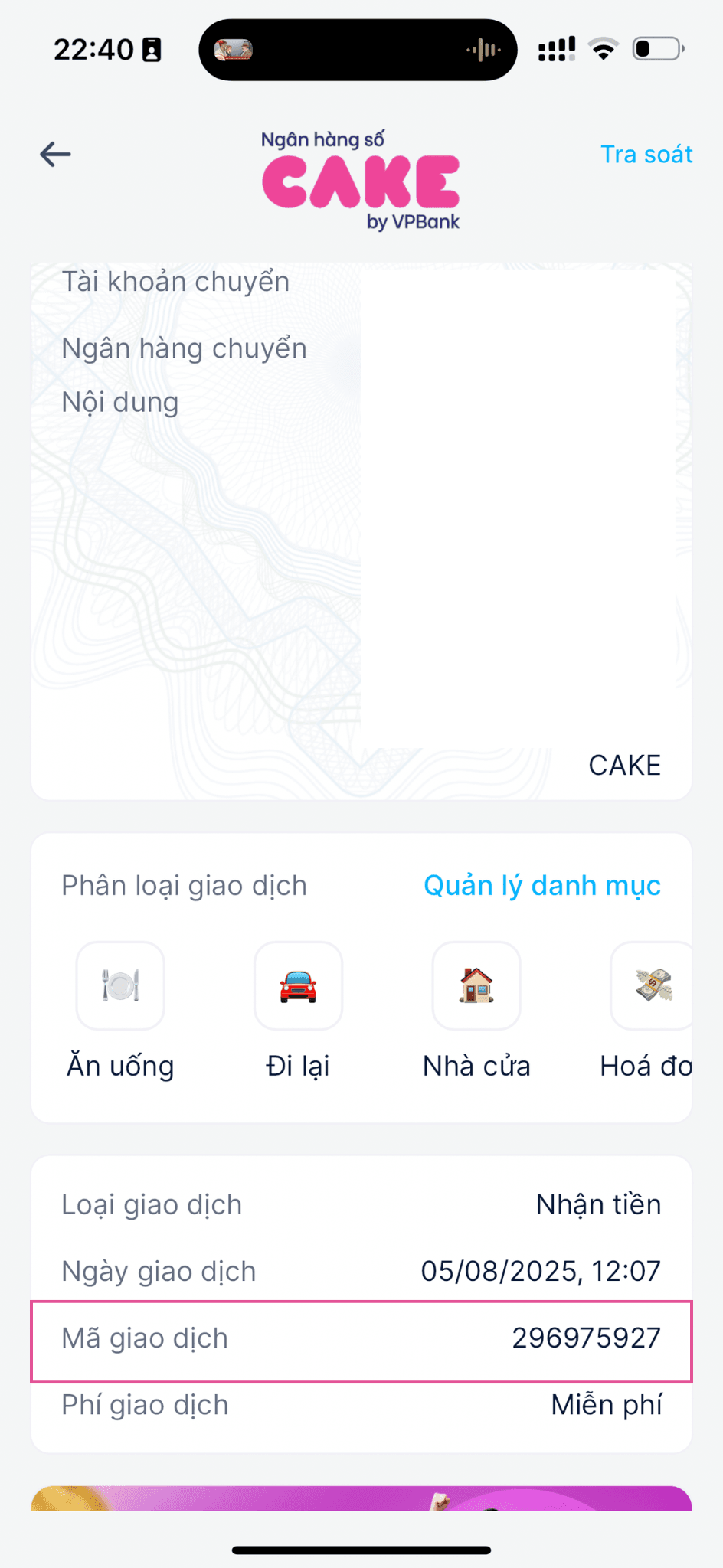 Mã giao dịch sẽ nằm trong chi tiết giao dịch