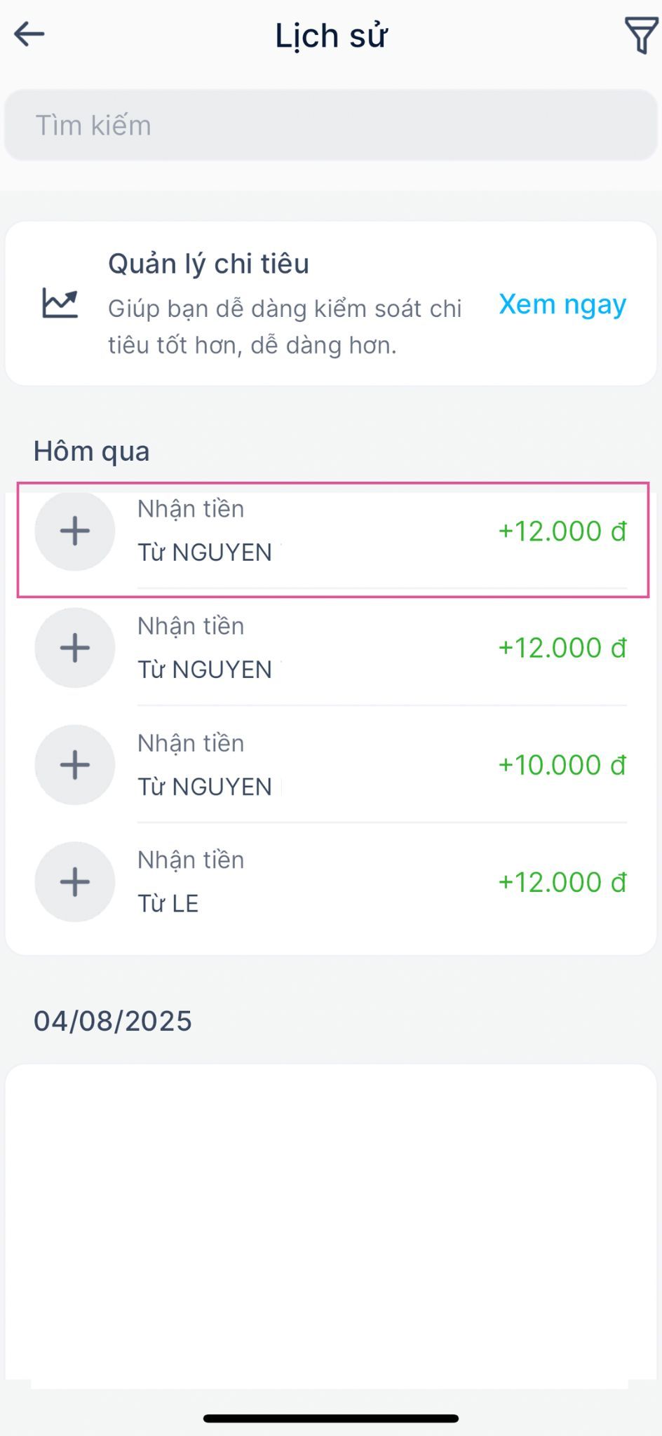 Nhấn vào giao dịch cụ thể để xem mã giao dịch