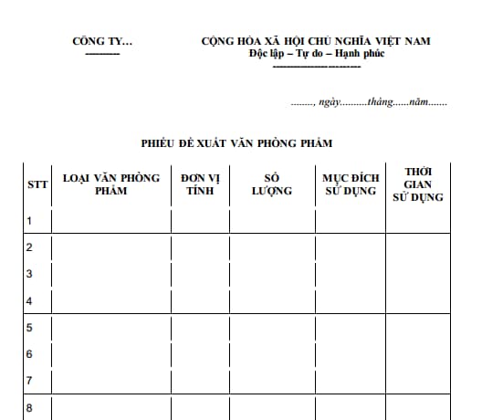 Phiếu đề xuất mua văn phòng phẩm
