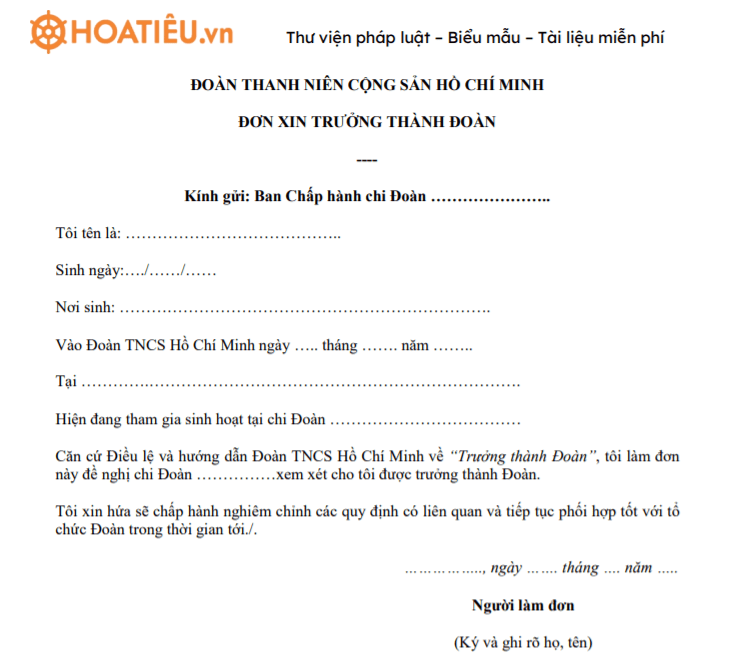 Biểu mẫu đơn xin trưởng thành Đoàn