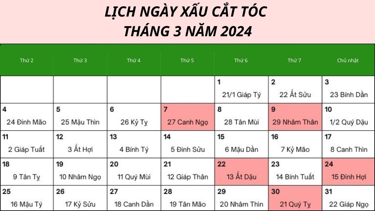 Lịch ngày xấu không nên cắt tóc vào tháng 3 2024