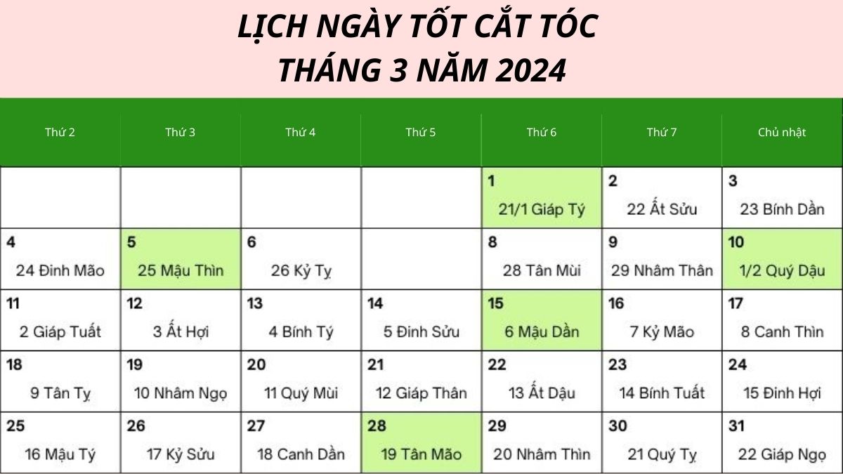 Lịch cắt tóc tháng 3 năm 2024 tài lộc may mắn