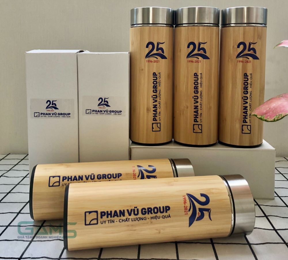 Bình giữ nhiệt gỗ tre in tên mẫu 450ml