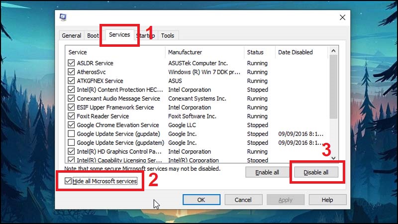 Chuyển qua tab Services > Chọn Hide all Microsoft services > Nhấn Disable all để vô hiệu hóa tất cả các Services > Nhấn OK.