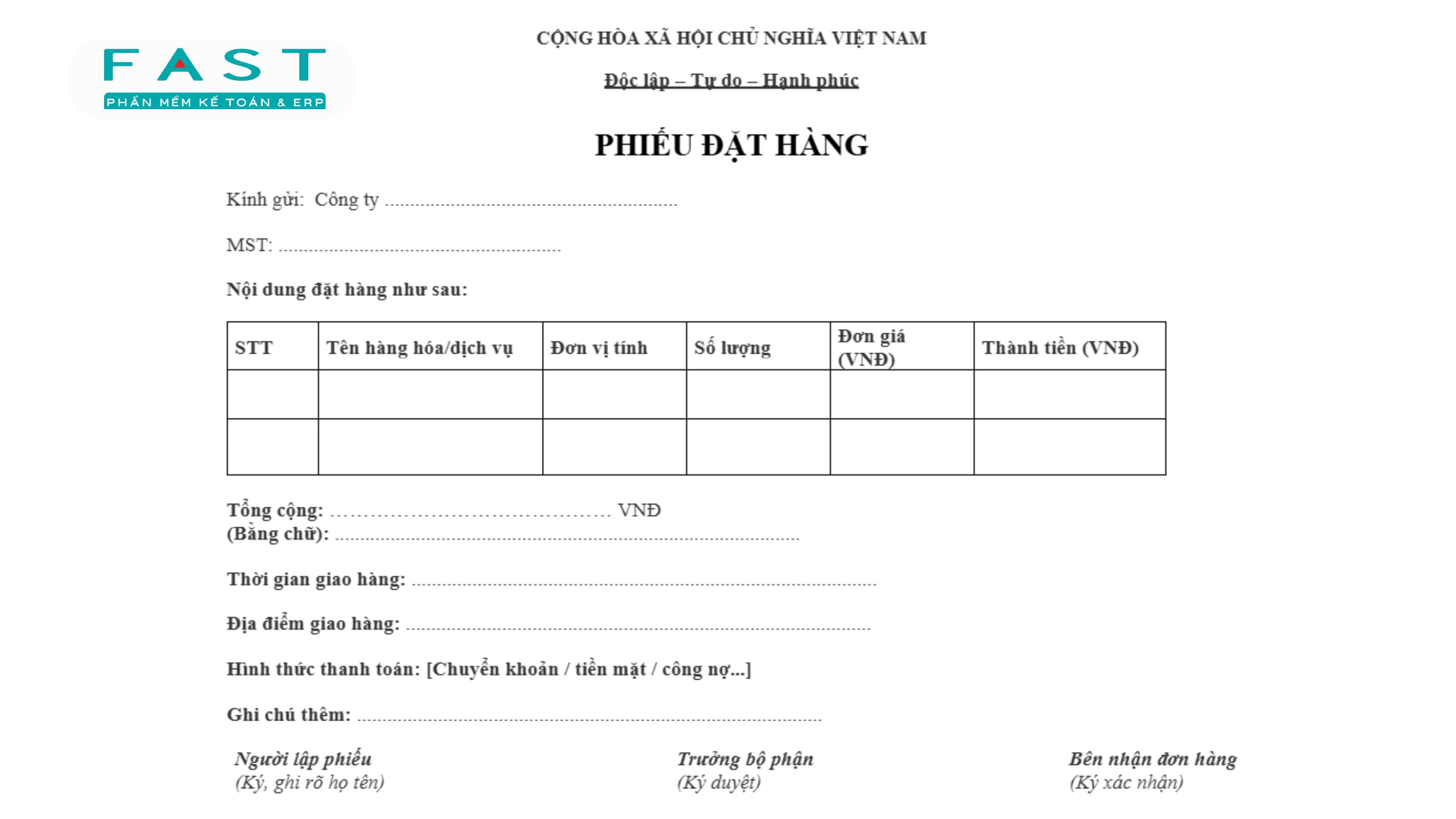 lập đơn đặt hàng