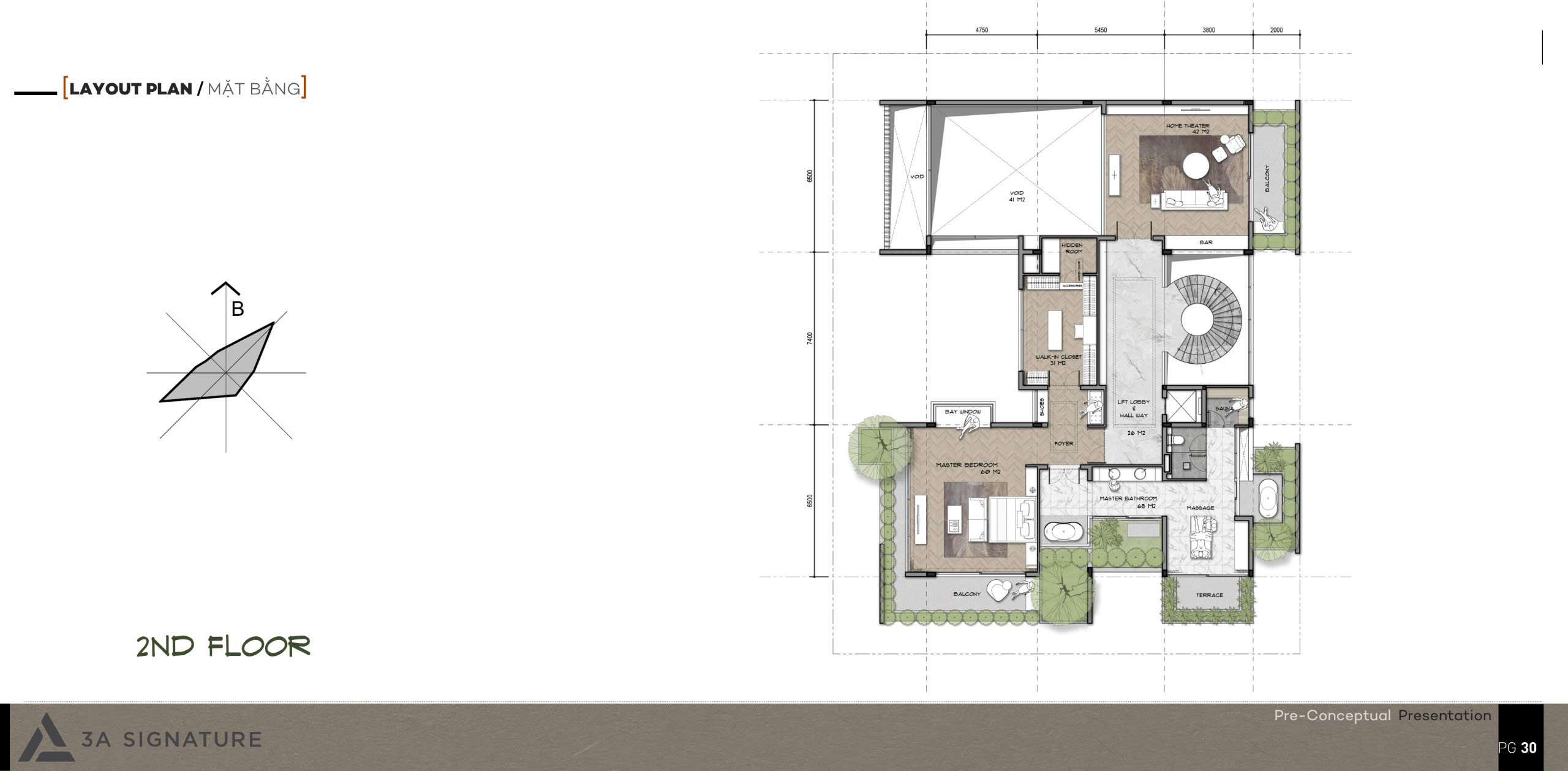 Bản vẽ mặt bằng tầng 2 biệt thự Diamond Villa, thể hiện bố cục không gian gồm phòng ngủ master, phòng thay đồ, phòng tắm, home theater, sảnh thang và ban công; là tài liệu thiết yếu kết nối giữa gia chủ - kiến trúc sư - nhà thầu.