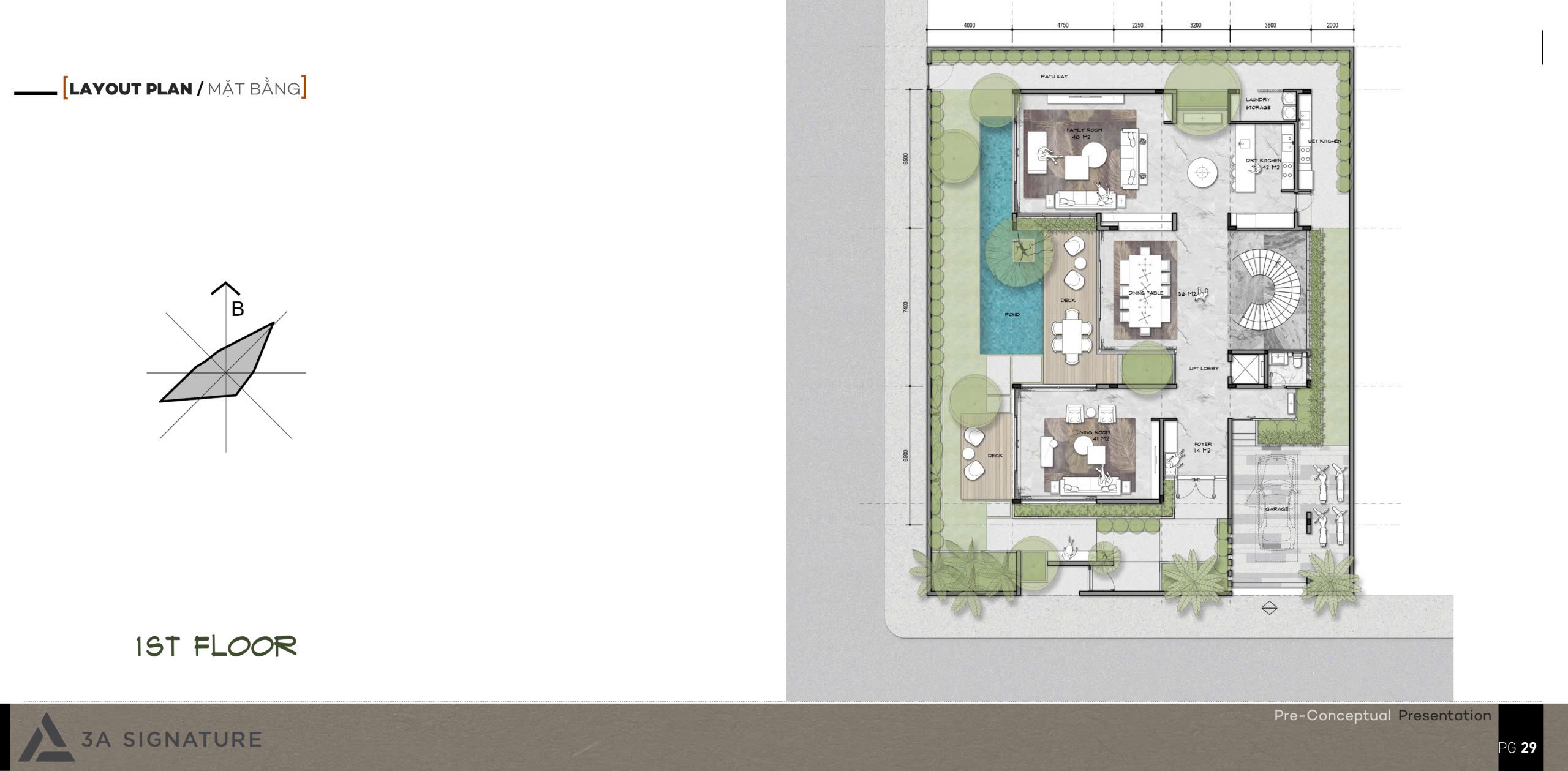 Bản vẽ mặt bằng tầng 1 biệt thự Diamond Villa, thể hiện bố cục không gian sinh hoạt gồm phòng khách, phòng ăn, hồ cảnh quan, khu bếp phụ, nhà xe, và không gian xanh bao quanh; là sự kết hợp hài hòa giữa công năng và thẩm mỹ sống xanh.