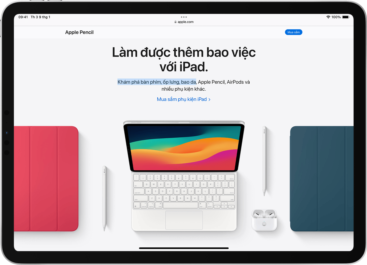 iPad với văn bản trên màn hình được tô sáng như bằng chuột