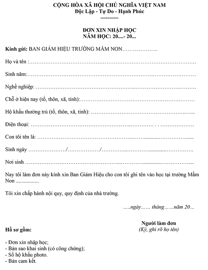 Mẫu đơn xin nhập học mầm non trái tuyến