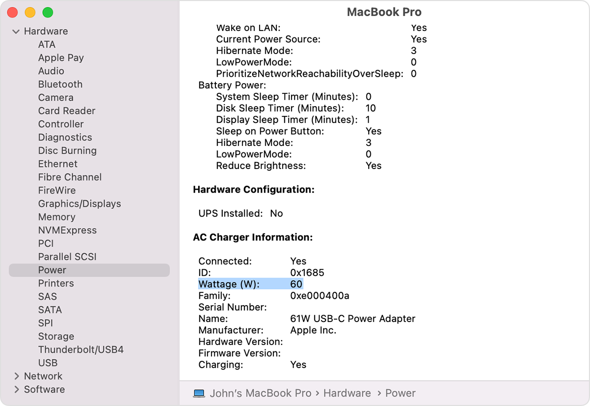 Vị trí nhãn công suất trên bộ tiếp hợp nguồn USB-C 96 W