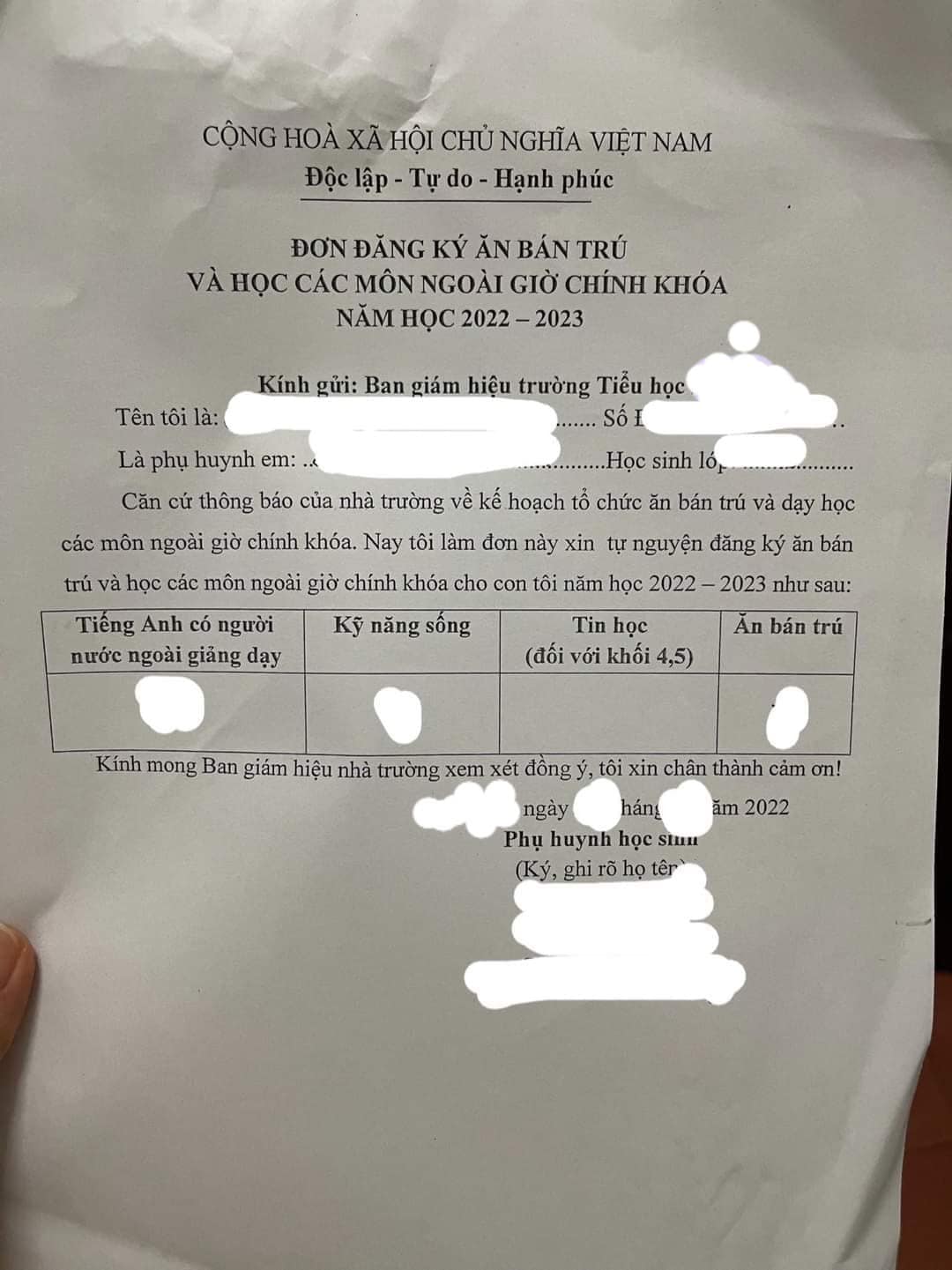 Mẫu đơn xin ăn bán trú