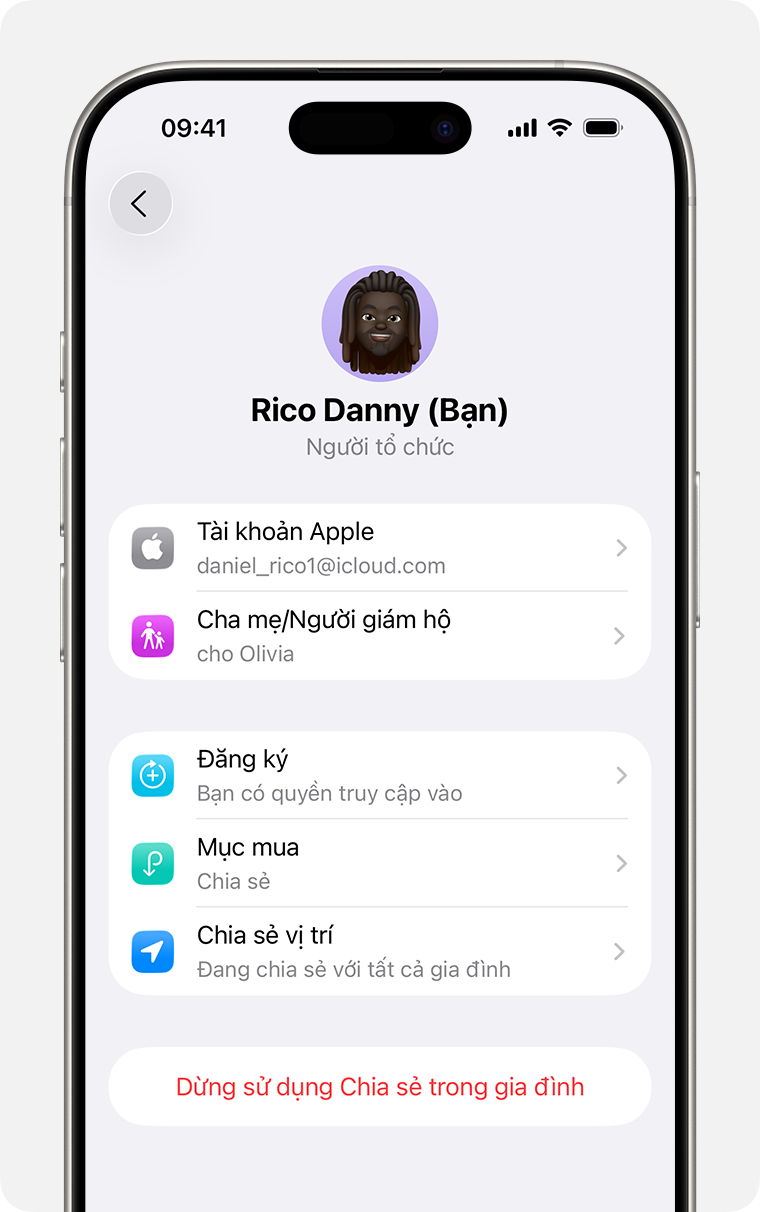 Màn hình iPhone hiển thị bước giải tán nhóm Chia sẻ trong gia đình.