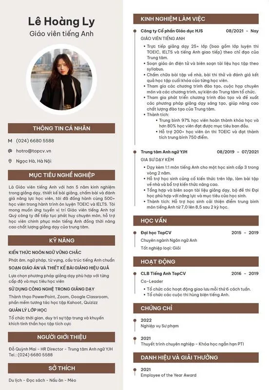 Mẫu CV tiếng Việt cho giáo viên tiếng Anh (nguồn: Top CV)