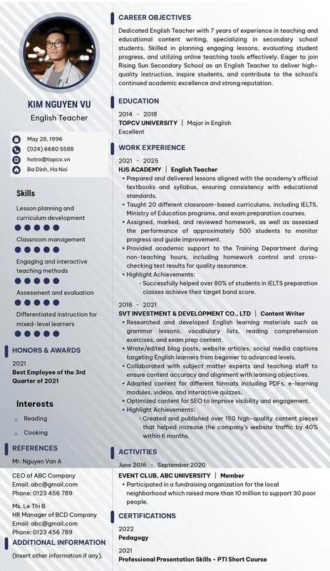 Mẫu CV tiếng Anh cho giáo viên tiếng Anh (nguồn: Top CV)
