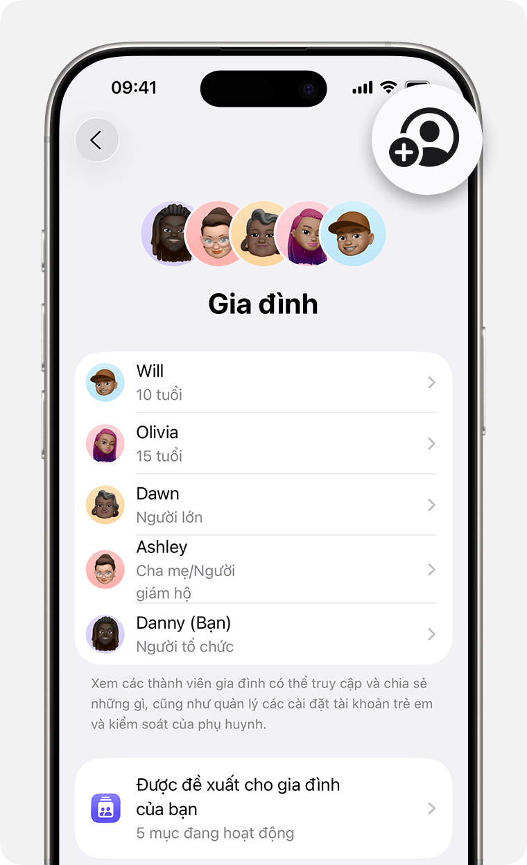 Màn hình iPhone hiển thị các bước để thêm thành viên vào nhóm Chia sẻ trong gia đình.