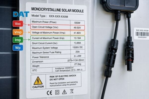 Các thông số Voc, Vmp, Imp và Wp được ghi rõ trên nhãn kỹ thuật của tấm pin.