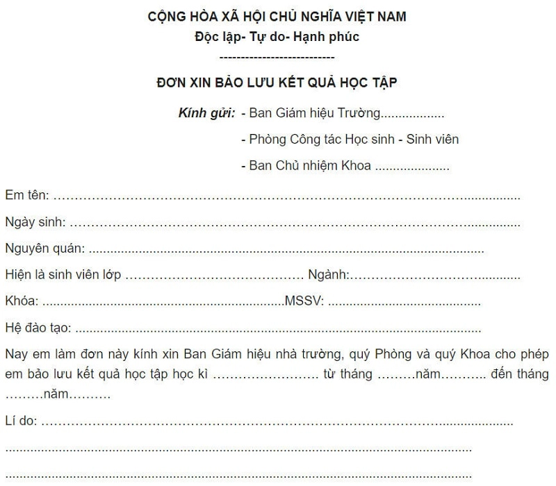 Đơn xin bảo lưu kết quả học tập