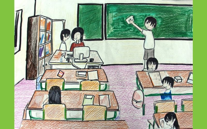 Vẽ học sinh ngồi học