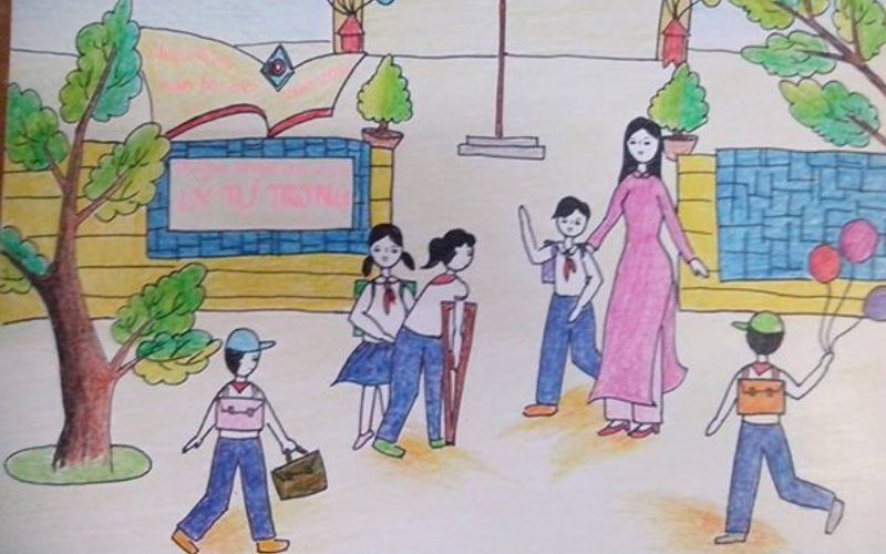 Vẽ học sinh đi học đơn giản