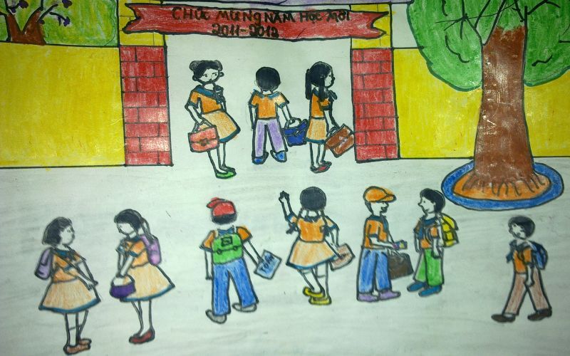 Vẽ học sinh đi học đơn giản