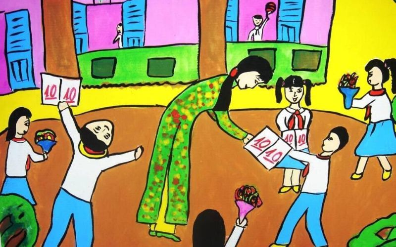 Vẽ học sinh tặng hoa cho cô giáo