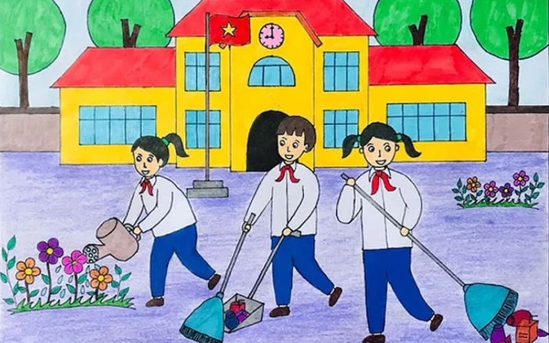 Vẽ học sinh đang quét rác