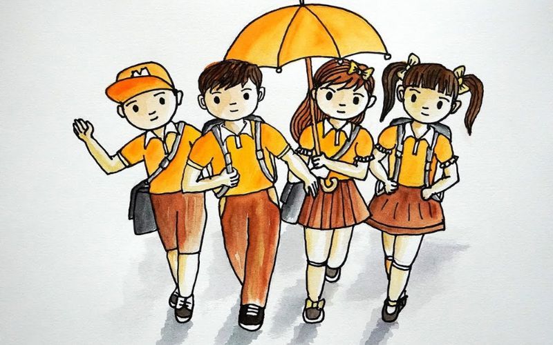 Vẽ học sinh đi học