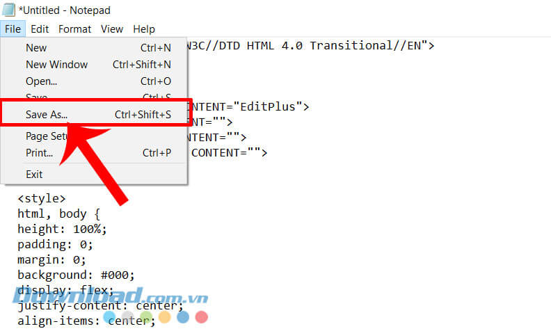 Lưu, đặt tên file với đuôi ".html"