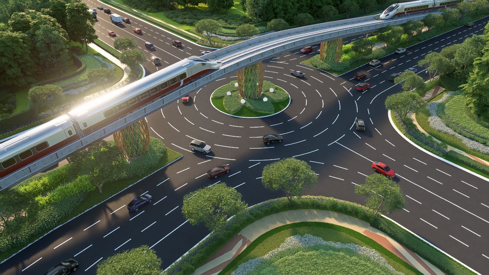Quy hoạch giao thông tương lai với 10 làn đường và tàu điện LRT kết nối các phân khu.