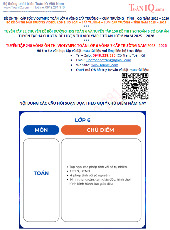 Tuyển tập 240 câu ôn thi Violympic Toán lớp 6 Vòng 7 cấp Trường năm 2025 - 2026
