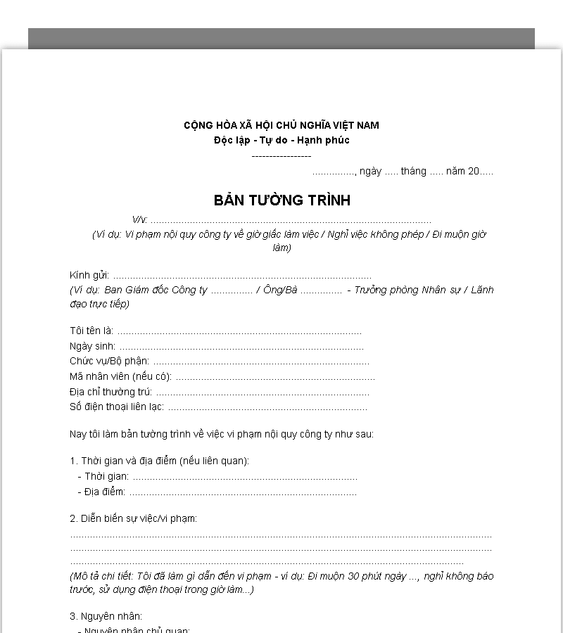 Mẫu tường trình sự việc cá nhân, mất tài sản, nhầm lẫn
