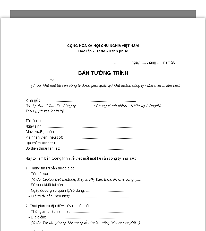 Mẫu tường trình tai nạn giao thông