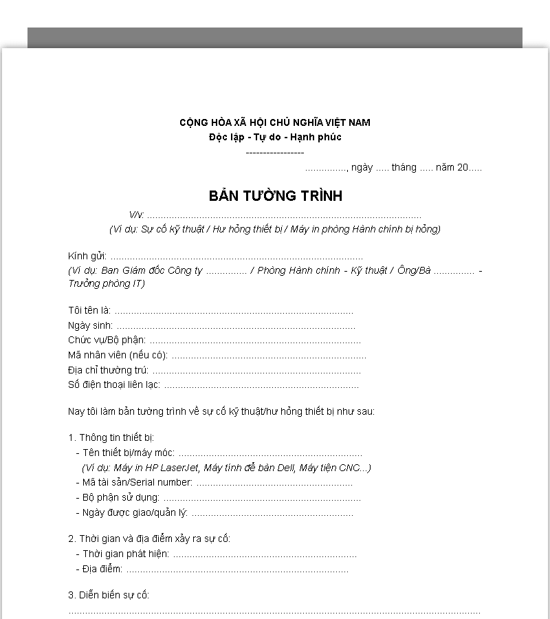 Mẫu tường trình tai nạn lao động