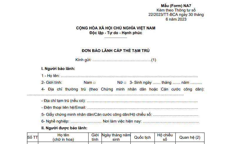 Mẫu NA7 - Mẫu đơn xin bảo lãnh tạm trú