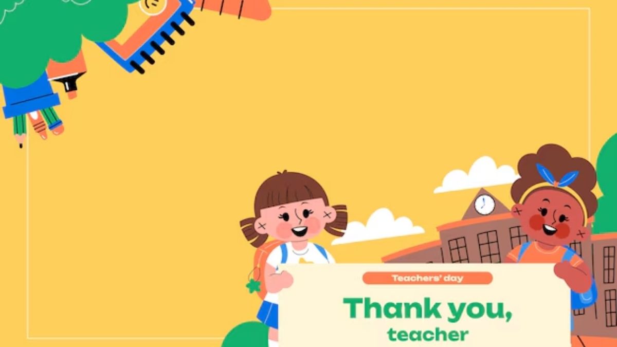 Mẫu powerpoint hai học sinh cùng dòng chữ thank you, teacher tri ân thầy cô trong ngày nhà giáo.