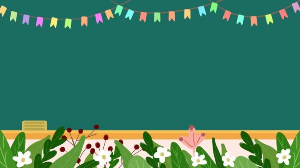 Bảng xanh của giáo viên với những trang trí hoa và lá cờ, phù hợp làm mẫu powerpoint cho ngày nhà giáo Việt Nam.