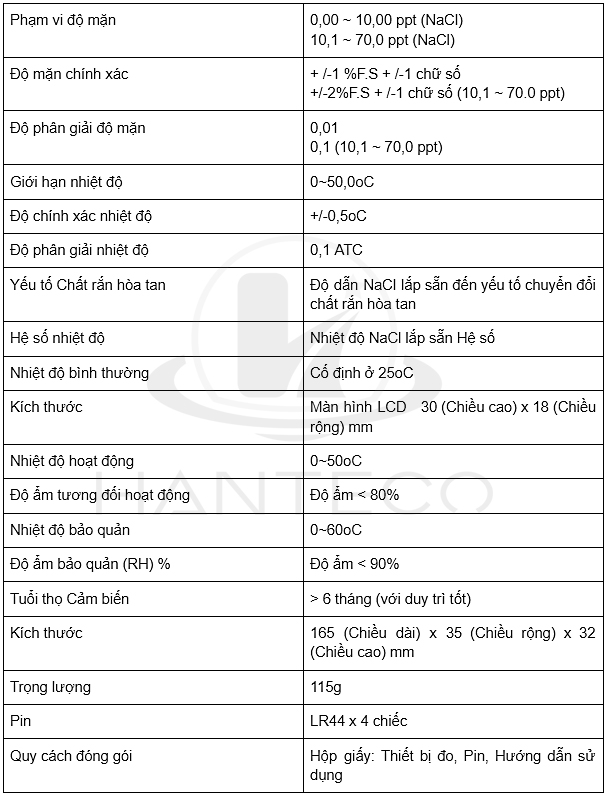 thông số sản phẩm bút đo muối Emaux