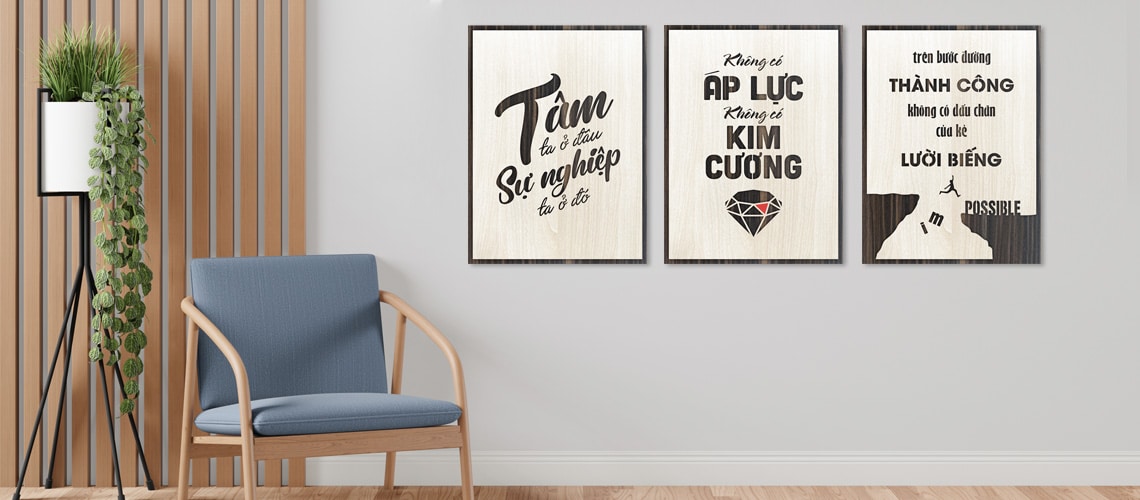 Tranh gỗ treo tường trang trí phòng khách khẩu hiệu công ty