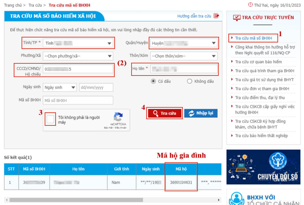 Các bước tra cứu mã hộ gia đình trực tuyến dùng CMND