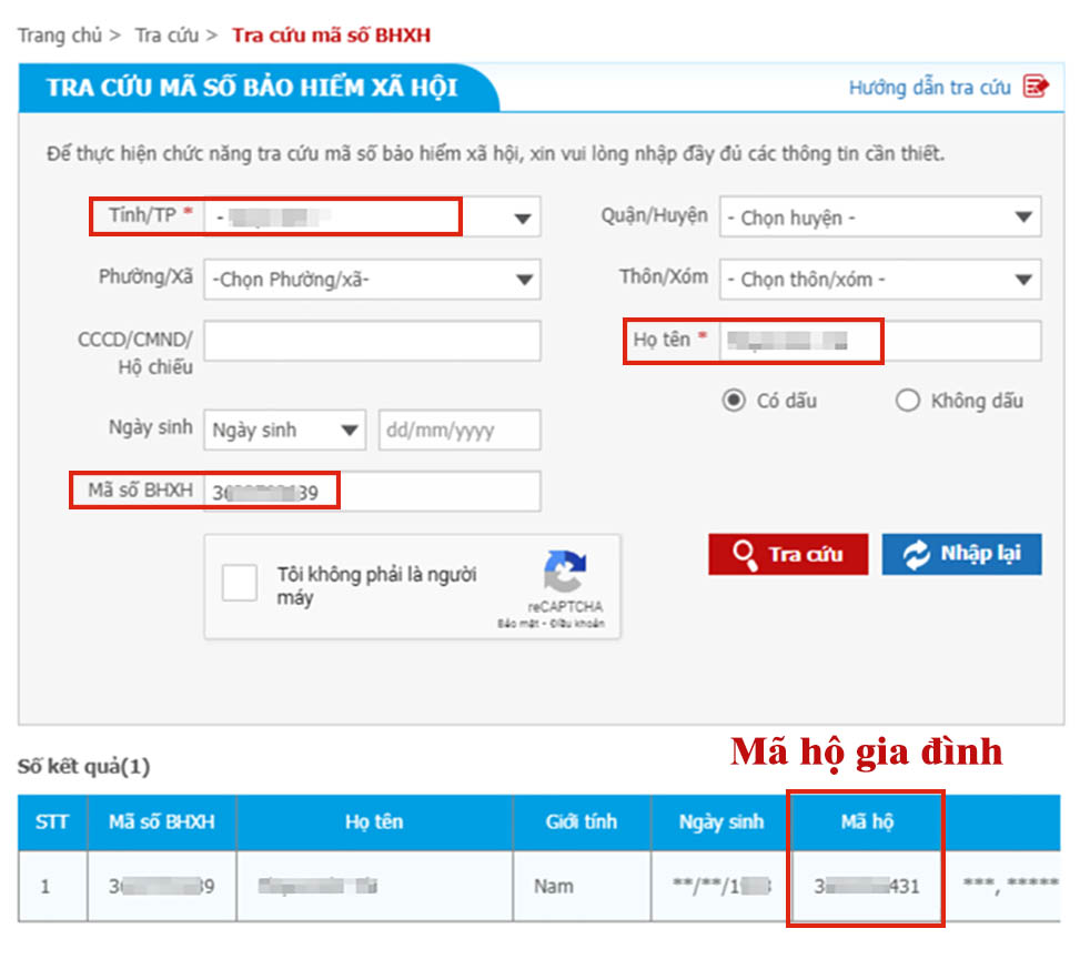 Tra mã hộ gia đình bằng Mã số BHXH
